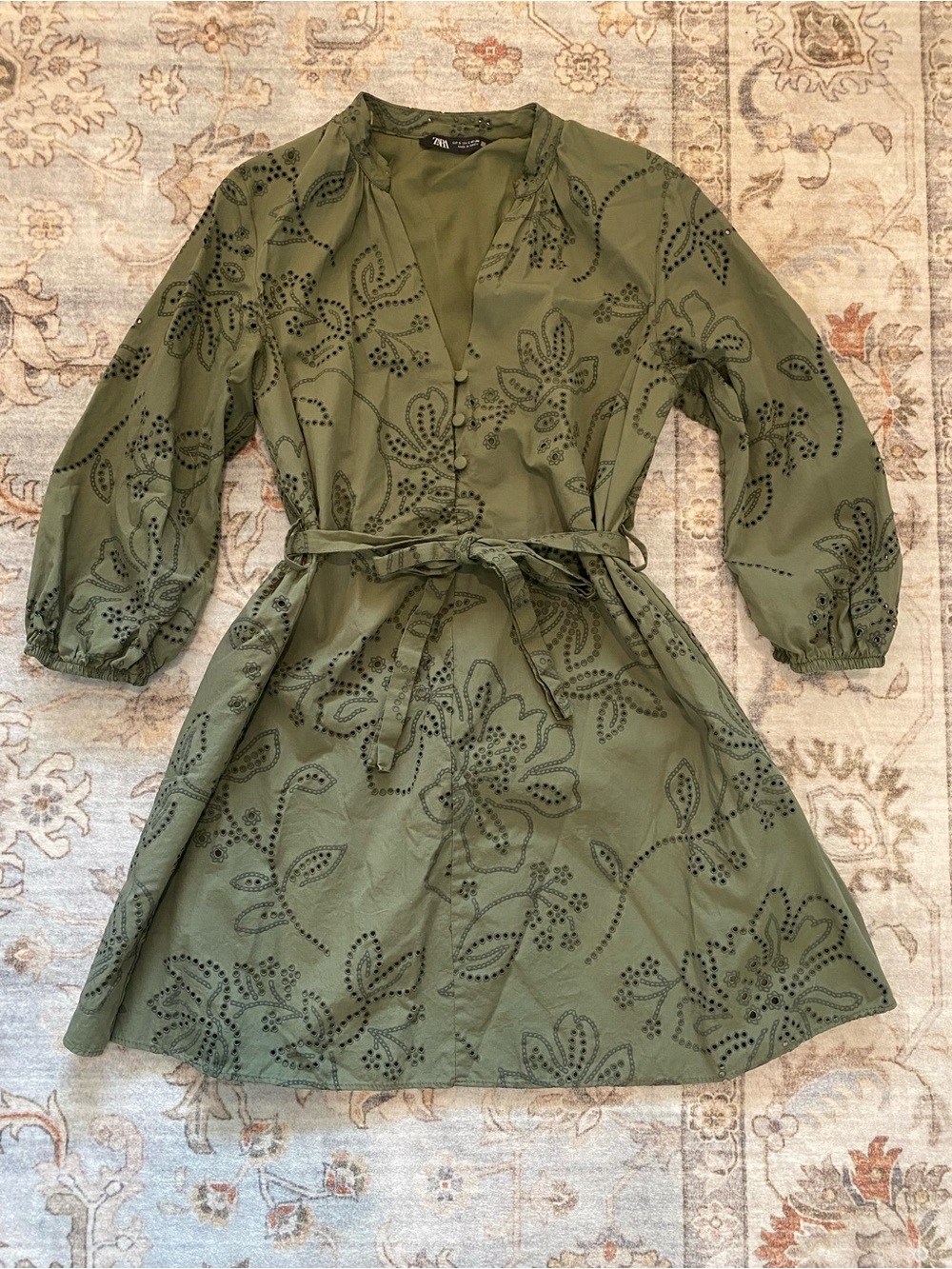 Zara Olive Eyelet Floral Tie-Waist Dress